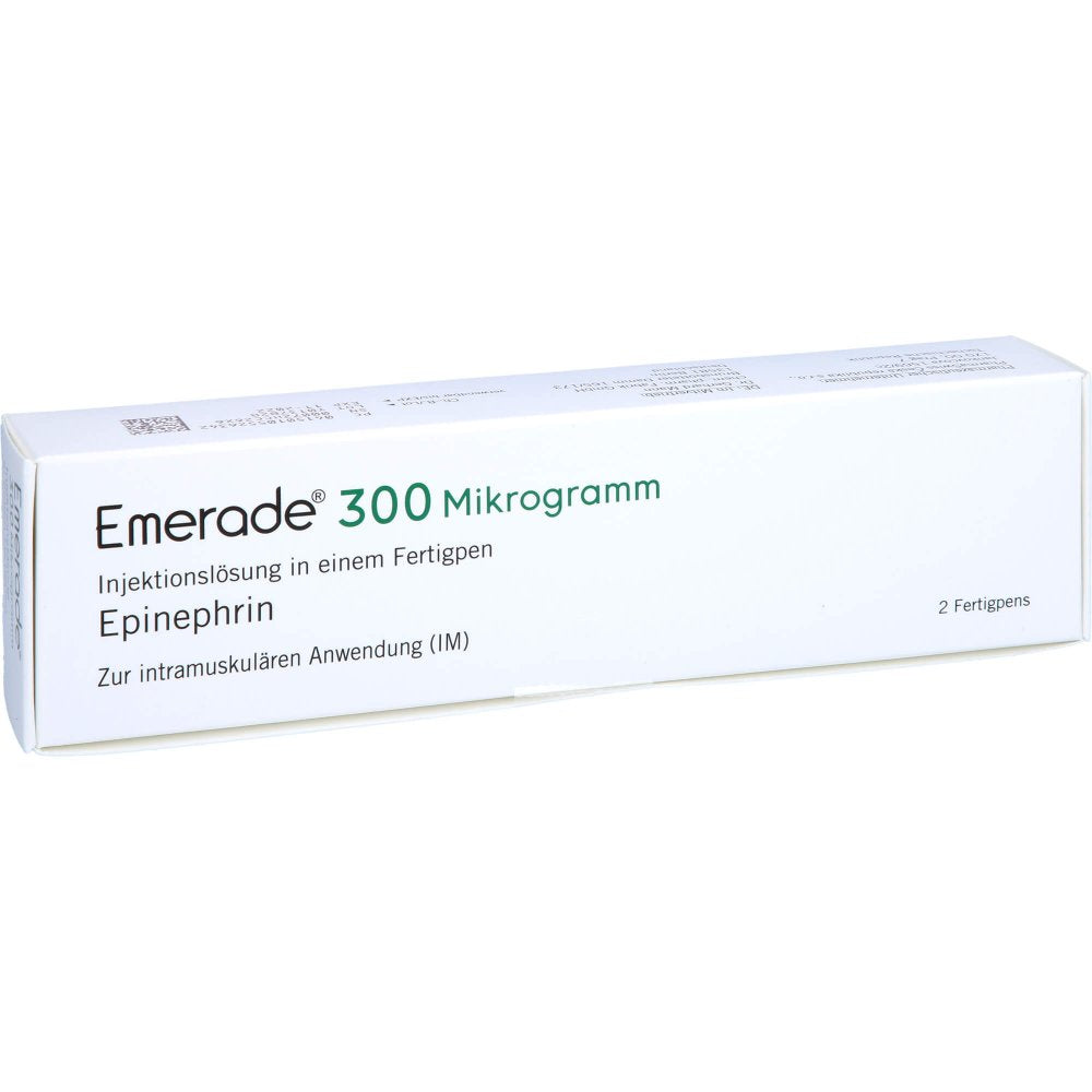 Das Produktfoto zeigt Emerade 300 Mikrogramm Inj.-Lsg.In Einem Fertigpen (2X0.3 ml) PZN 10552634
