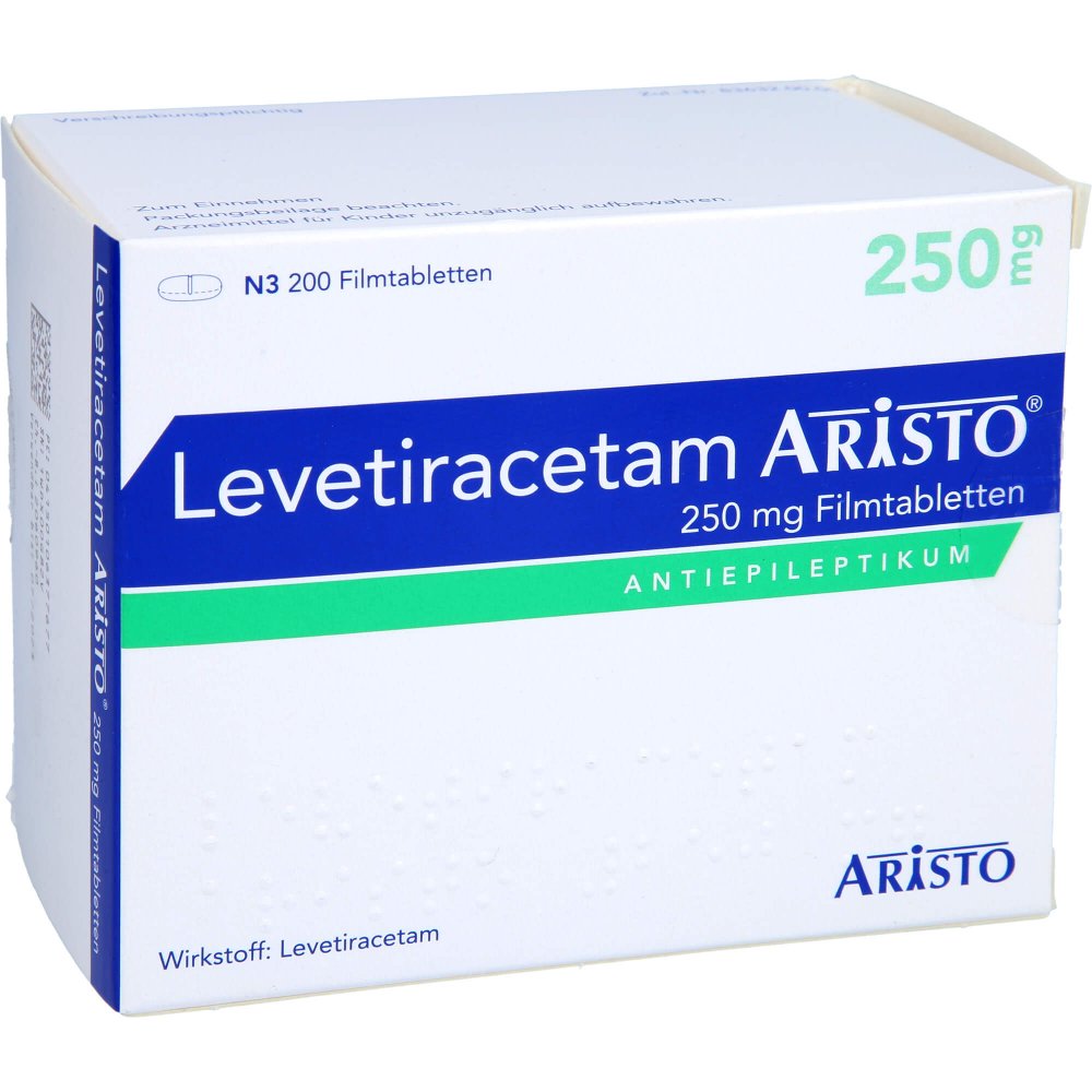 Das Produktfoto zeigt Levetiracetam Aristo 250 Mg Filmtabletten (200 stk) PZN 10637767