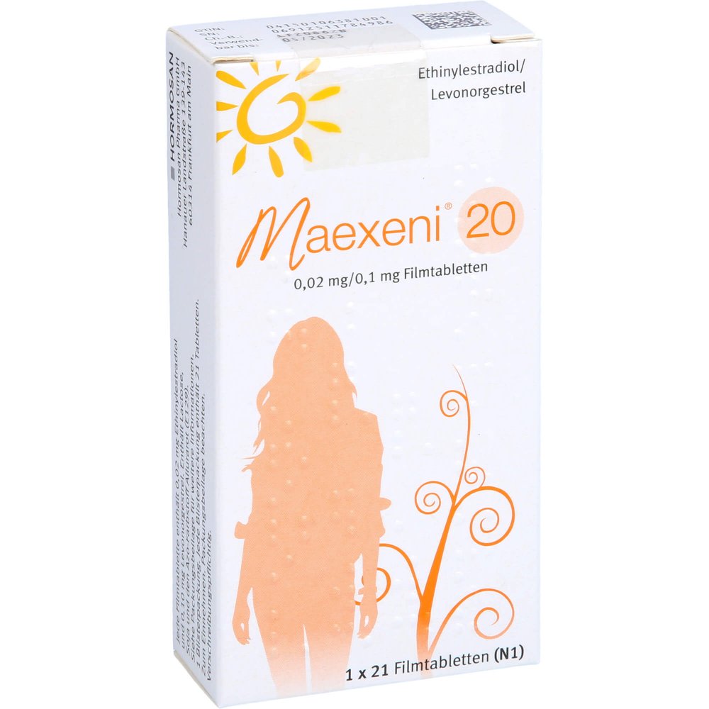 Das Produktfoto zeigt Maexeni 20 0,02 Mg/0,1 Mg Filmtabletten (1X21 stk) PZN 10638100