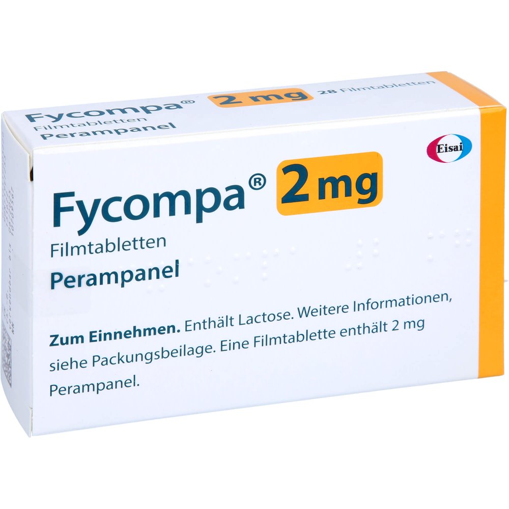Das Produktfoto zeigt Fycompa 2 Mg Filmtabletten (28 stk) PZN 10709567