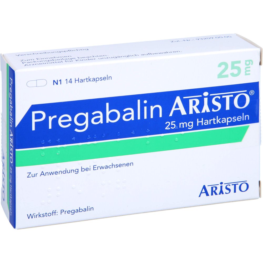 Das Produktfoto zeigt Pregabalin Aristo 25 Mg Hartkapseln (14 stk) PZN 10834255