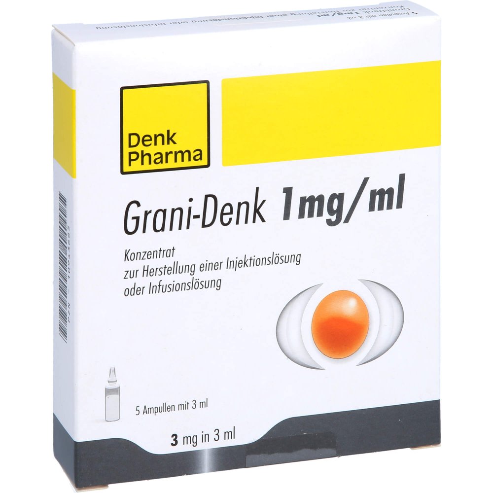 Das Produktfoto zeigt Grani-Denk 1 Mg/Ml Konz.Z.Herst.E.Inj.-/Inf.-Lsg. (5X3 ml) PZN 10943665