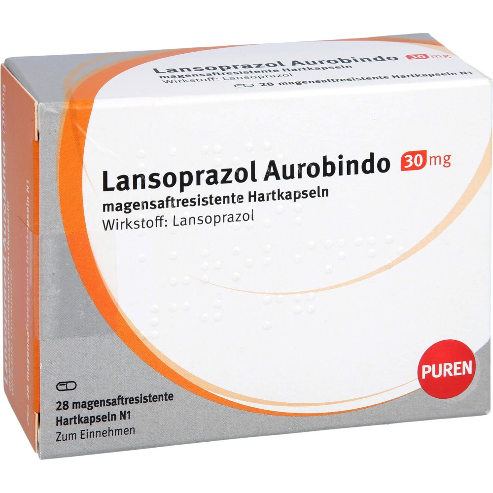 Das Produktfoto zeigt Lansoprazol Aurobindo 30 Mg Magensaftres.Hartkaps. (28 stk) PZN 10945061