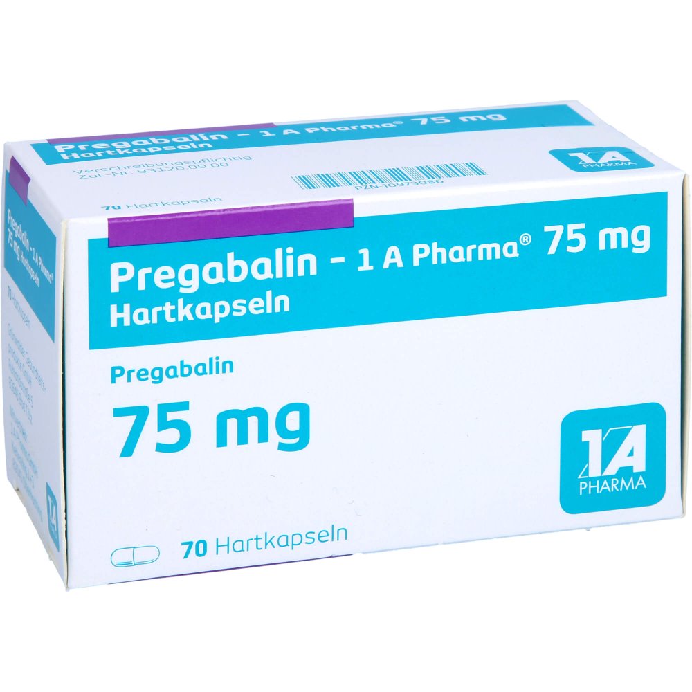 Das Produktfoto zeigt Pregabalin-1a Pharma 75 Mg Hartkapseln (70 stk) PZN 10973086