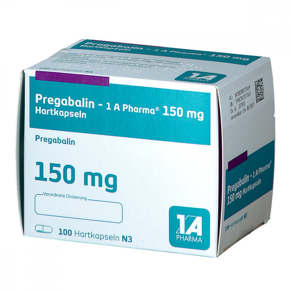Das Produktfoto zeigt Pregabalin-1a Pharma 150 Mg Hartkapseln (100 stk) PZN 10973146
