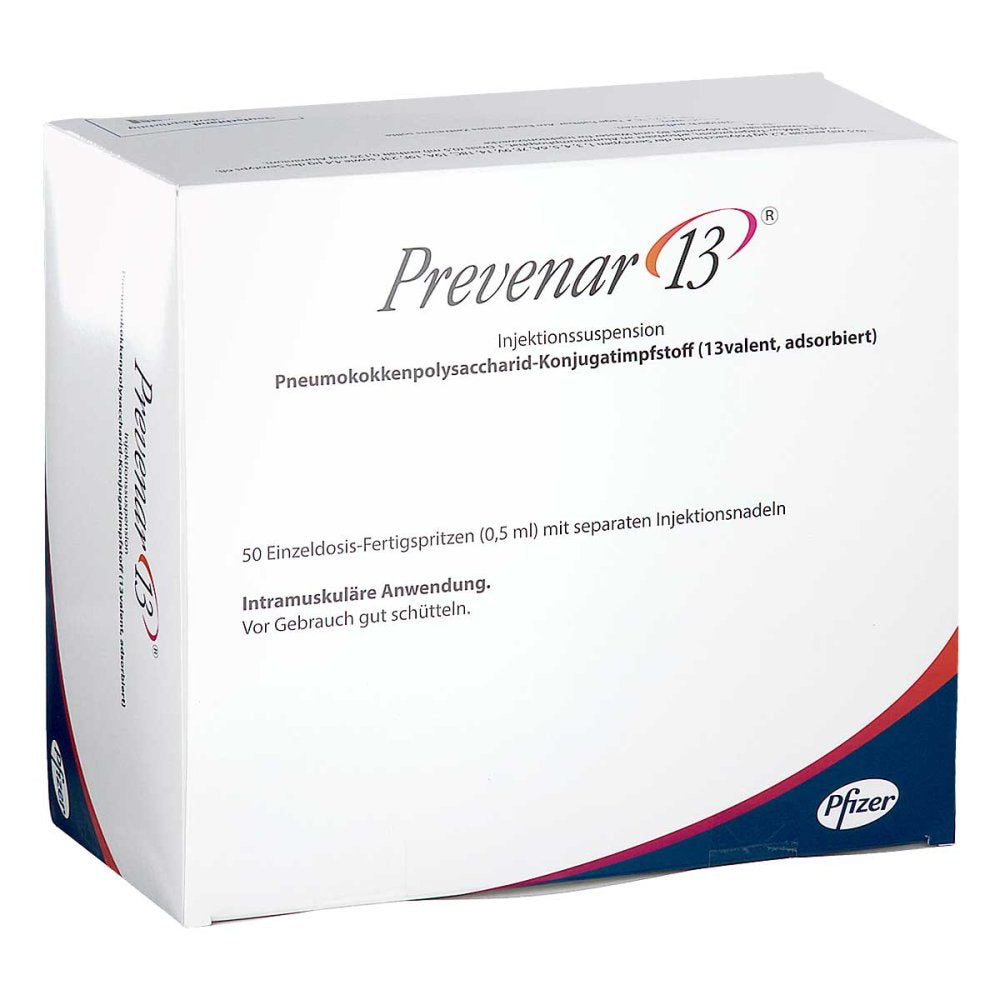 Das Produktfoto zeigt Prevenar 13 Injektionssuspension I.E.Fertigspritze (50 stk) PZN 10989785