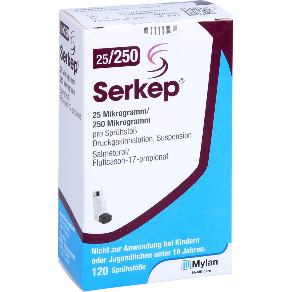 Das Produktfoto zeigt Serkep 25 Μg/250 Μg 120 Hub Dosieraerosol (1 stk) PZN 11000894