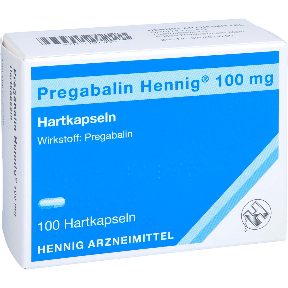 Das Produktfoto zeigt Pregabalin Hennig 100 Mg Hartkapseln (100 stk) PZN 11003792