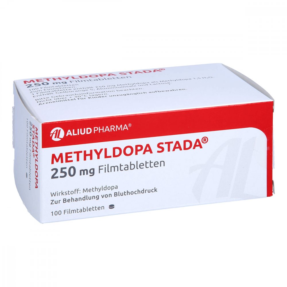 Das Produktfoto zeigt Methyldopa Stada 250 Mg Filmtabletten Aliud (100 stk) PZN 11010823