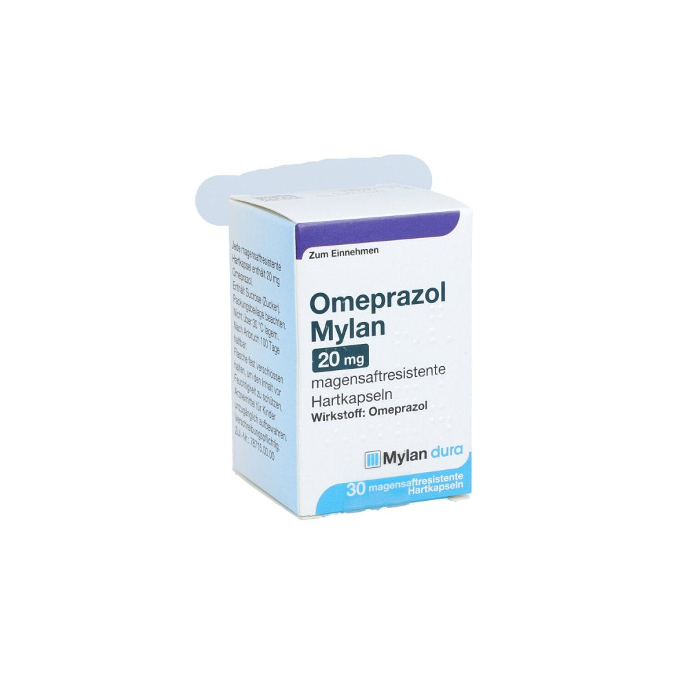 Das Produktfoto zeigt Omeprazol Mylan 20 Mg Magensaftresist.Hartkapseln (30 stk) PZN 11012383
