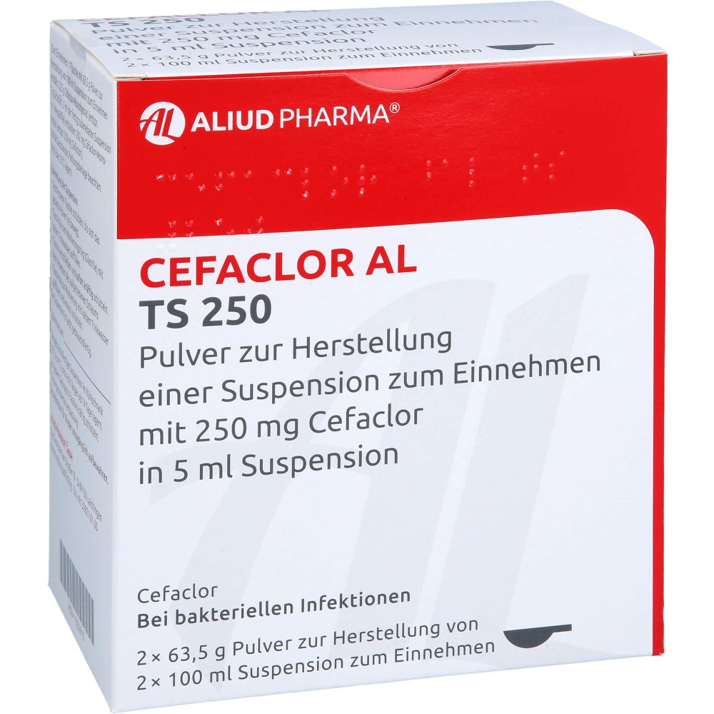 Das Produktfoto zeigt Cefaclor Al Ts 250 P.Z.H.E.Susp.Z.Einn.250 Mg/5 Ml (2X100 ml) PZN 11052810