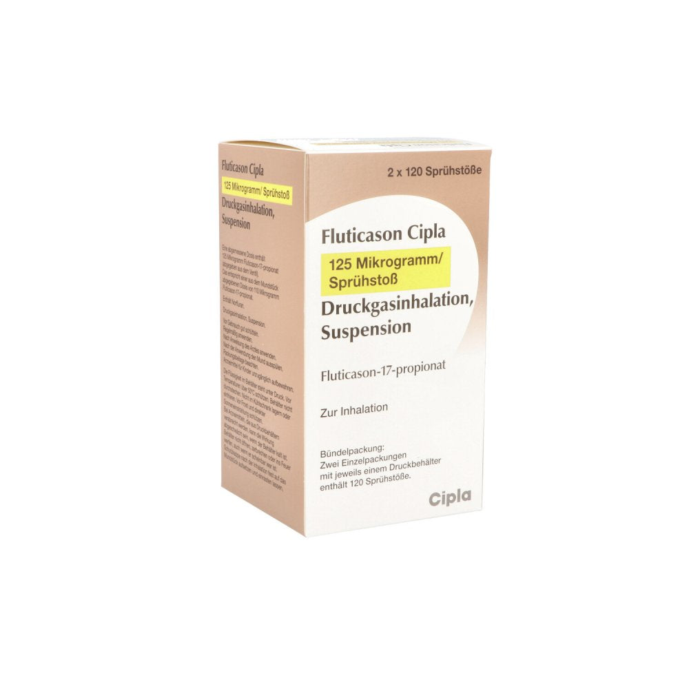 Das Produktfoto zeigt Fluticason Cipla 125 Mikrogramm/Sprühstoß 120 Hub (2 stk) PZN 11072250