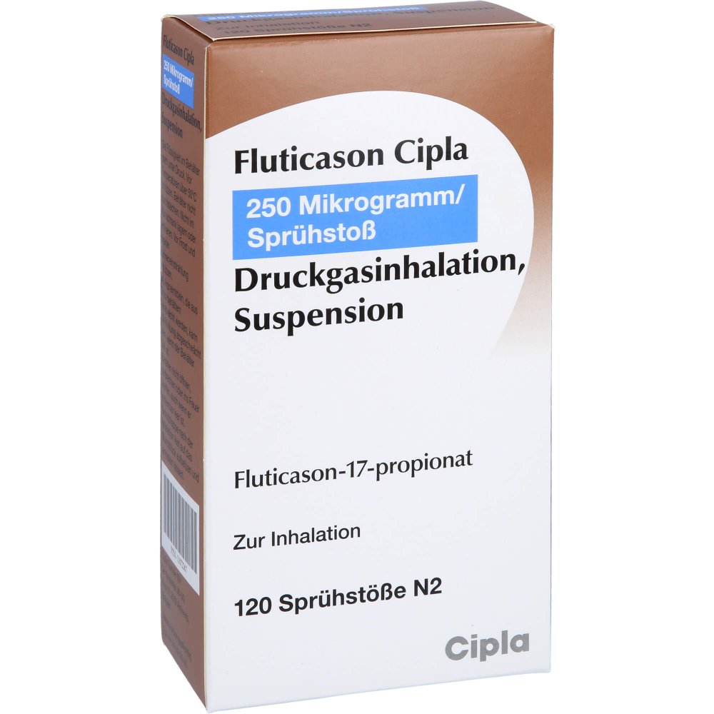 Das Produktfoto zeigt Fluticason Cipla 250 Mikrogramm/Sprühstoß 120 Hub (1 stk) PZN 11072267