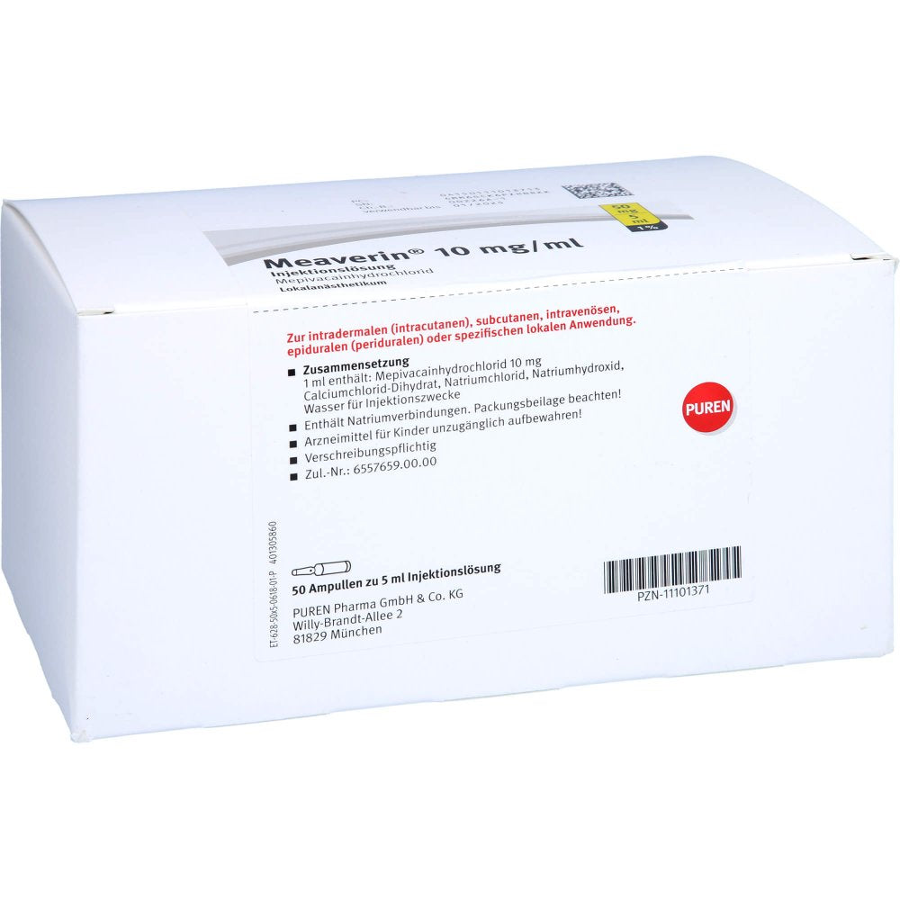 Das Produktfoto zeigt Meaverin 1% 10 Mg/Ml Inj.-Lsg.50 Mg/5 Ml Glasamp. (50X5 ml) PZN 11101371