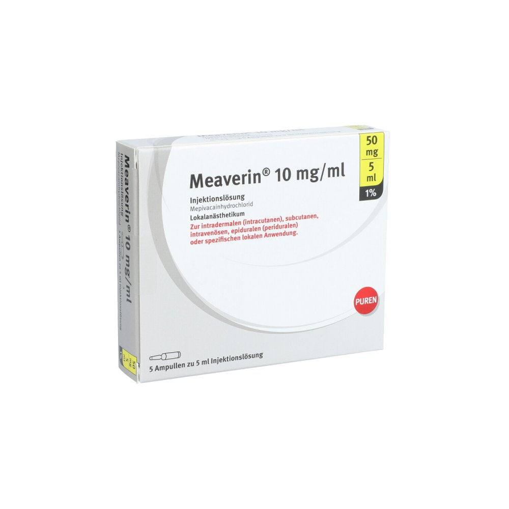Das Produktfoto zeigt Meaverin 1% 10 Mg/Ml Inj.-Lsg.50 Mg/5 Ml Glasamp. (5X5 ml) PZN 11101388