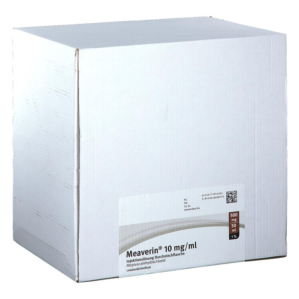 Das Produktfoto zeigt Meaverin 1% 10 Mg/Ml Inj.-Lsg.500 Mg/50 Ml Dsfl. (50X50 ml) PZN 11101402