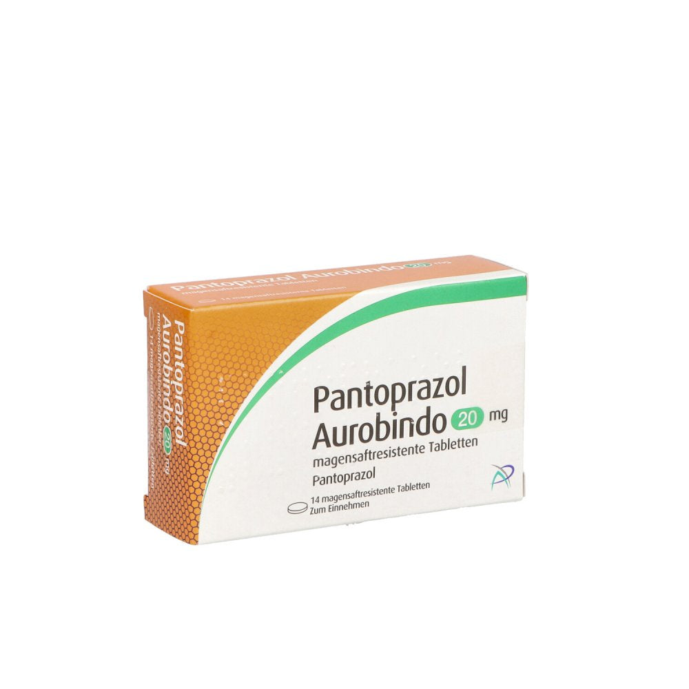Das Produktfoto zeigt Pantoprazol Aurobindo 20 Mg Magensaftres.Tabletten (14 stk) PZN 11127169
