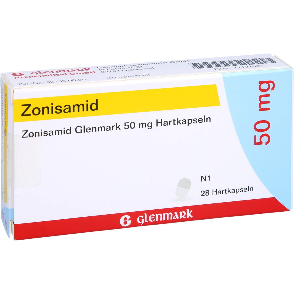 Das Produktfoto zeigt Zonisamid Glenmark 50 Mg Hartkapseln (28 stk) PZN 11127695