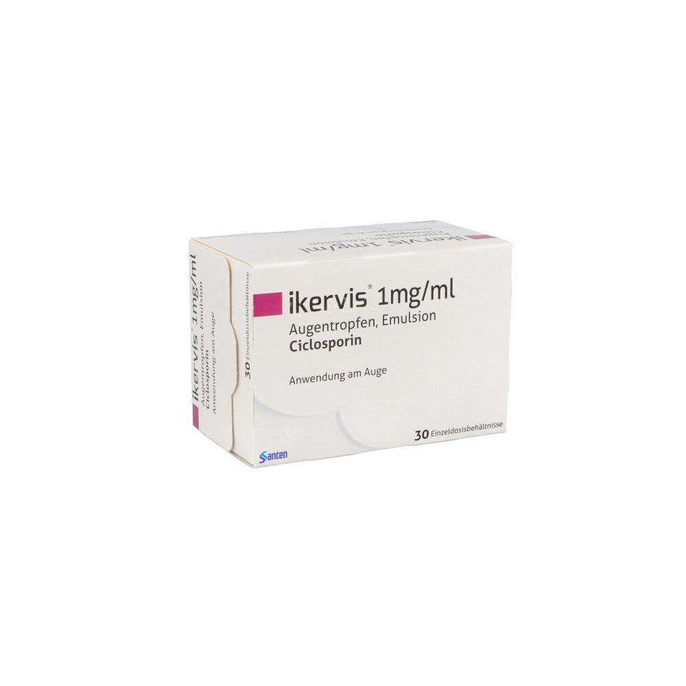 Das Produktfoto zeigt Ikervis 1 Mg/Ml Augentropfen Emuls.Einzeldosispip. (30X0.3 ml) PZN 11130763