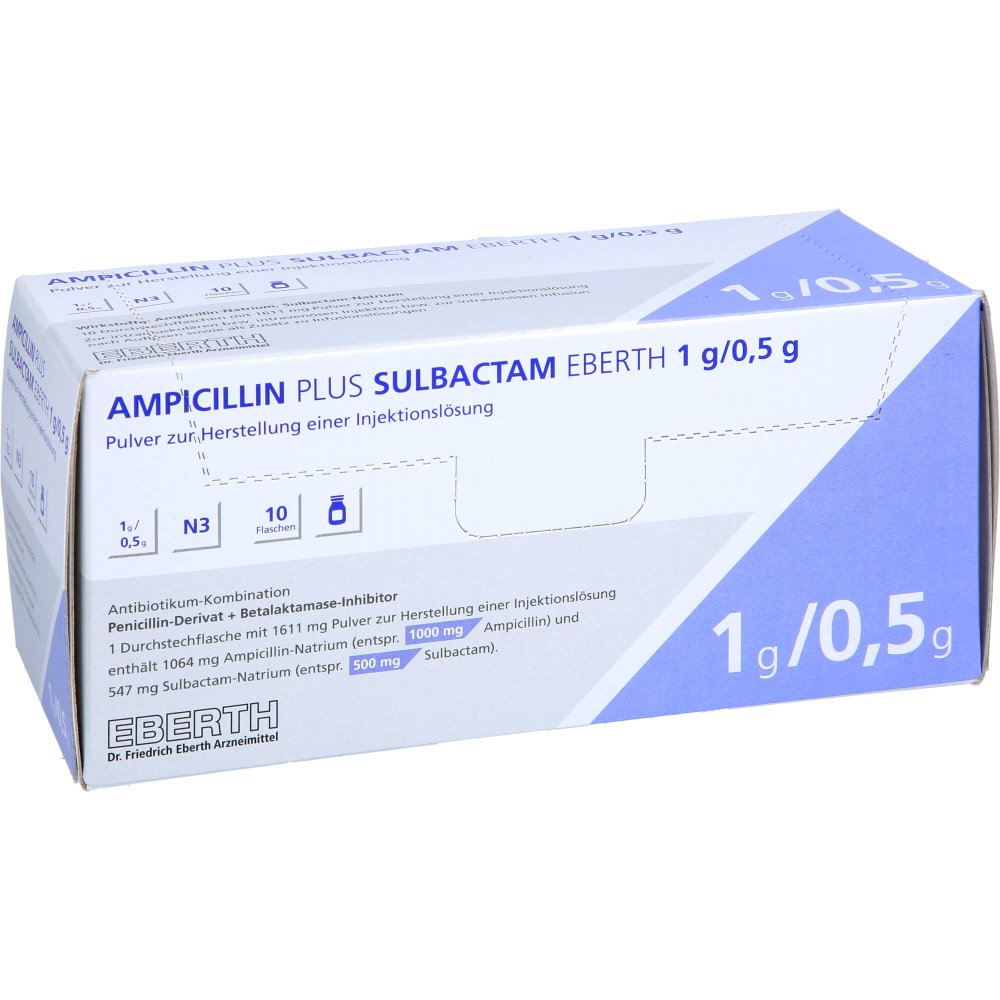 Das Produktfoto zeigt Ampicillin Plus Sulbactam Eberth 1 G/0,5 G (10 stk) PZN 11138664