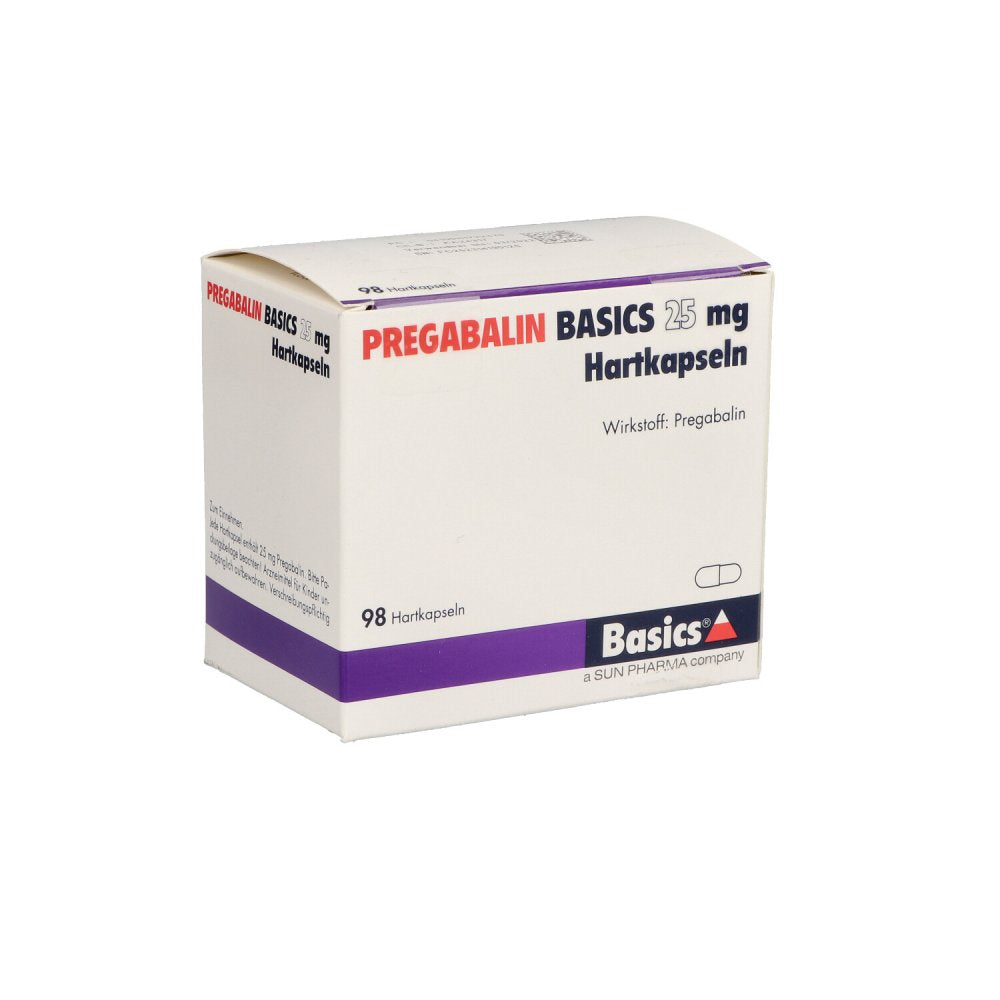 Das Produktfoto zeigt Pregabalin Basics 25 Mg Hartkapseln (98 stk) PZN 11172247