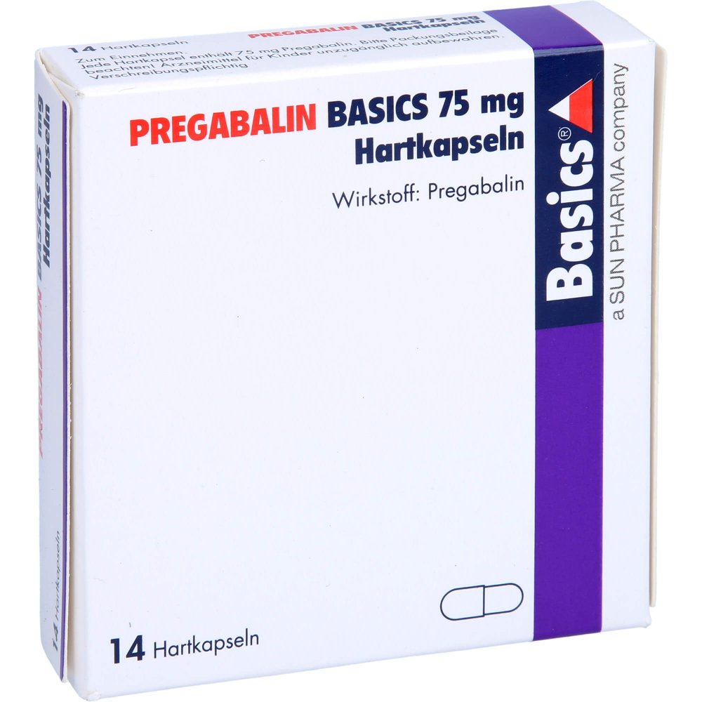Das Produktfoto zeigt Pregabalin Basics 75 Mg Hartkapseln (14 stk) PZN 11172313