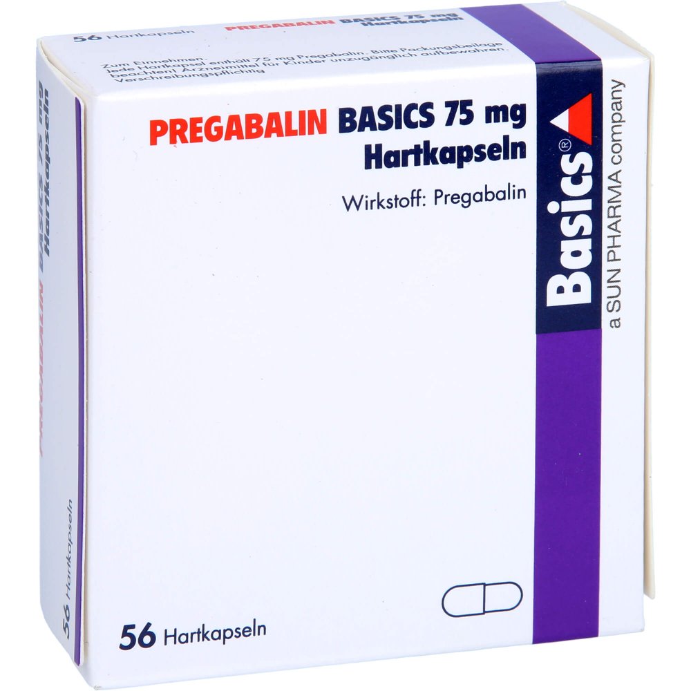 Das Produktfoto zeigt Pregabalin Basics 75 Mg Hartkapseln (56 stk) PZN 11172336