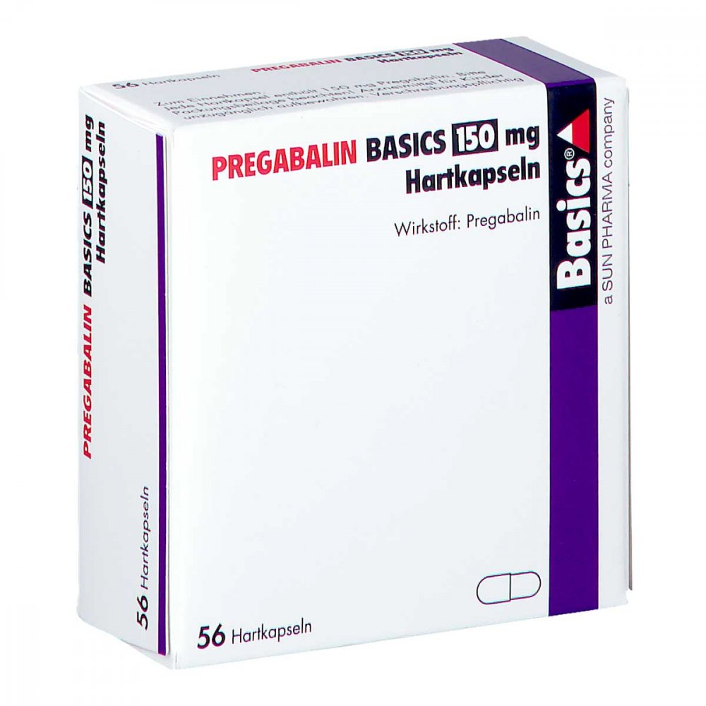 Das Produktfoto zeigt Pregabalin Basics 150 Mg Hartkapseln (56 stk) PZN 11172394
