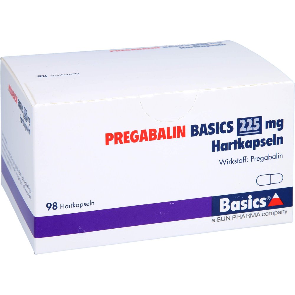 Das Produktfoto zeigt Pregabalin Basics 225 Mg Hartkapseln (98 stk) PZN 11172454