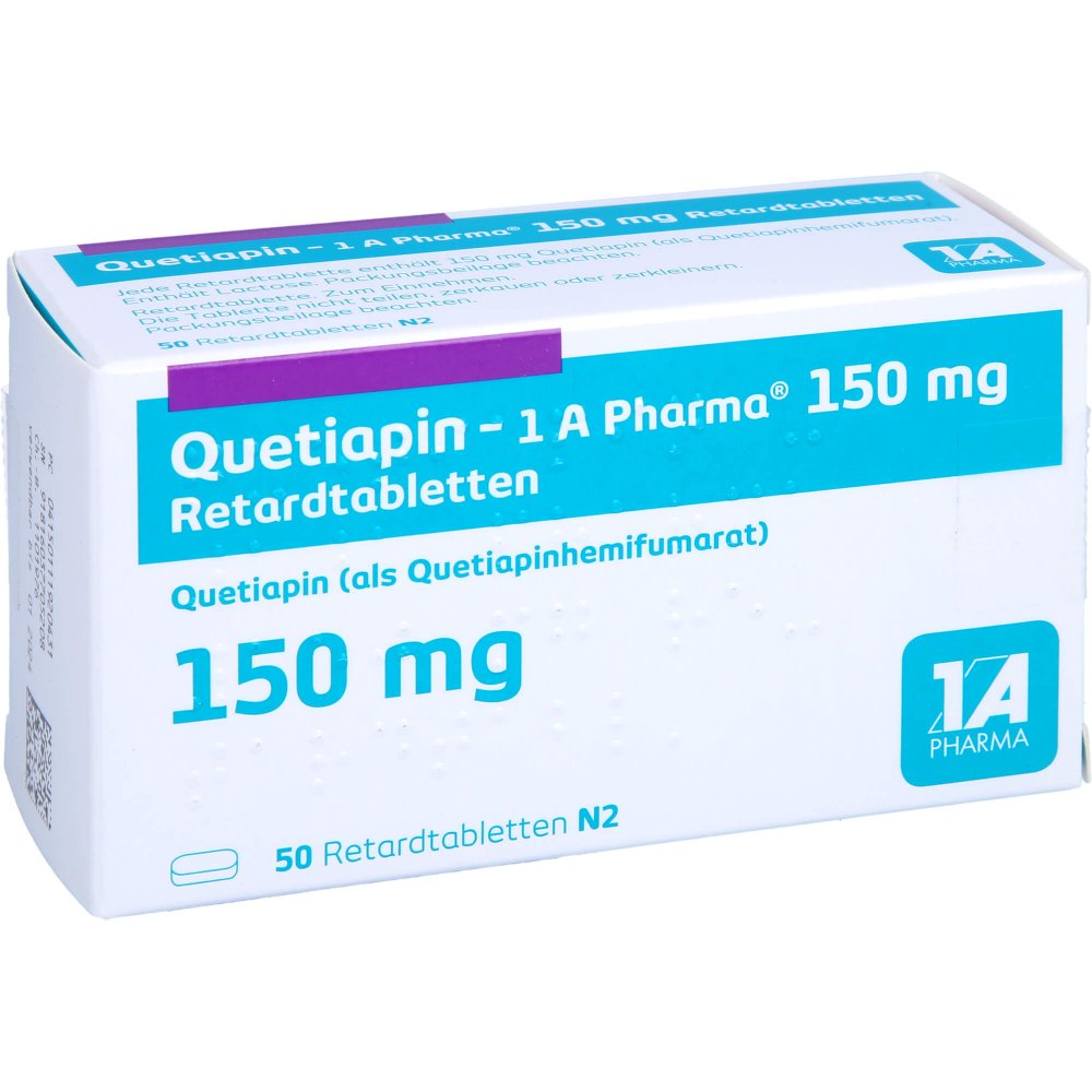 Das Produktfoto zeigt Quetiapin-1a Pharma 150 Mg Retardtabletten (50 stk) PZN 11192043