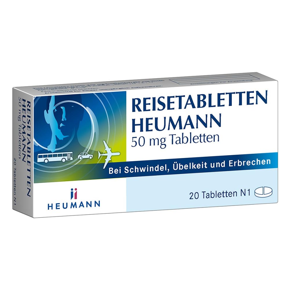 Das Produktfoto zeigt Reisetabletten Heumann 50 Mg Tabletten (20 stk) PZN 11192528