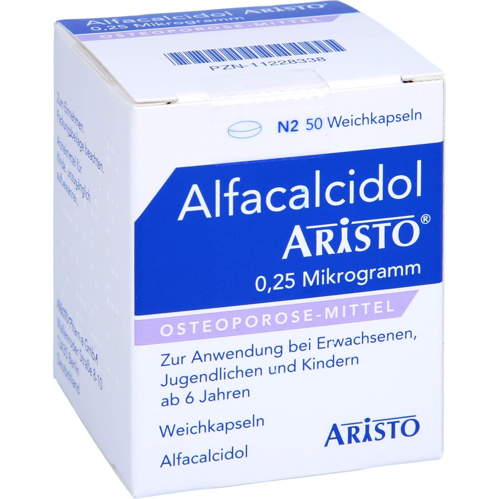 Das Produktfoto zeigt Alfacalcidol Aristo 0,25 Mikrogramm Weichkapseln (50 stk) PZN 11228338