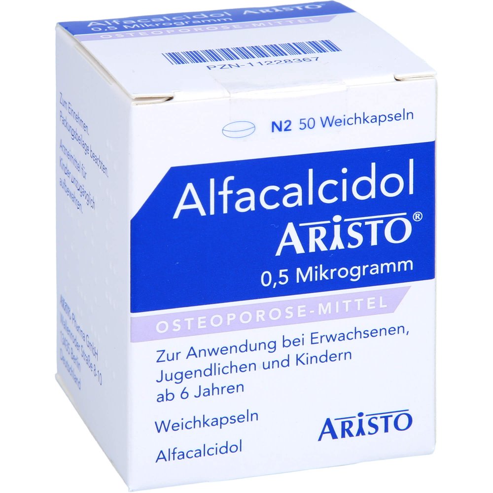 Das Produktfoto zeigt Alfacalcidol Aristo 0,5 Mikrogramm Weichkapseln (50 stk) PZN 11228367