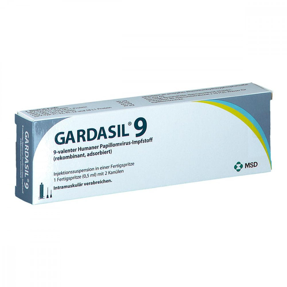 Das Produktfoto zeigt Gardasil 9 Inj.-Sus.I.E.Fertigspritze (1 stk) PZN 11228953