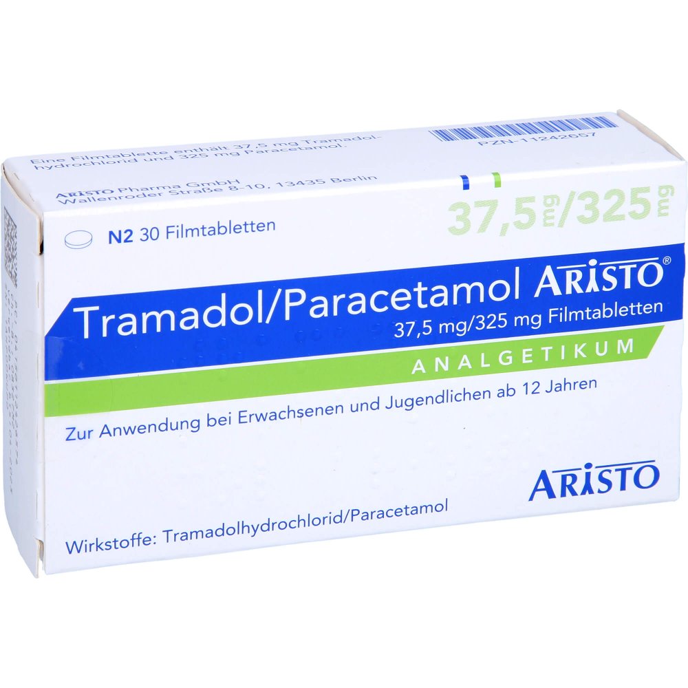 Das Produktfoto zeigt Tramadol/Paracetamol Aristo 37,5 Mg/325 Mg Fta (30 stk) PZN 11242657