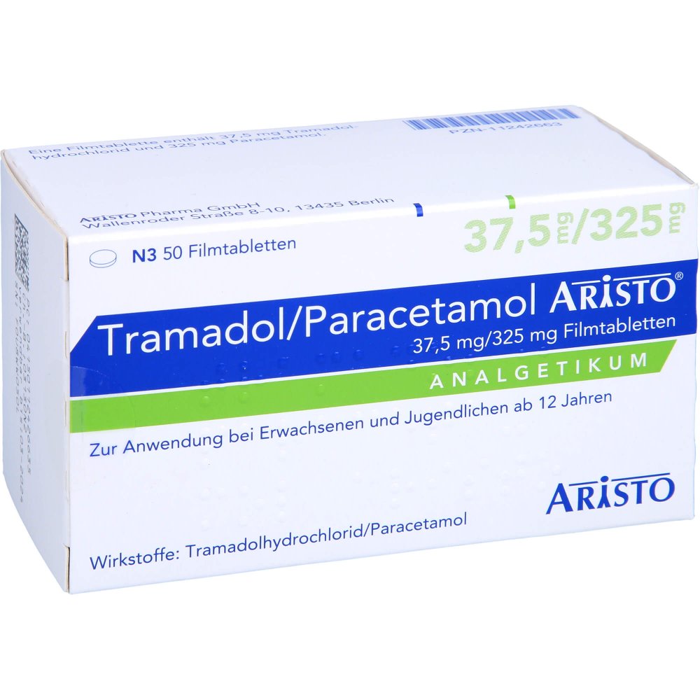 Das Produktfoto zeigt Tramadol/Paracetamol Aristo 37,5 Mg/325 Mg Fta (50 stk) PZN 11242663