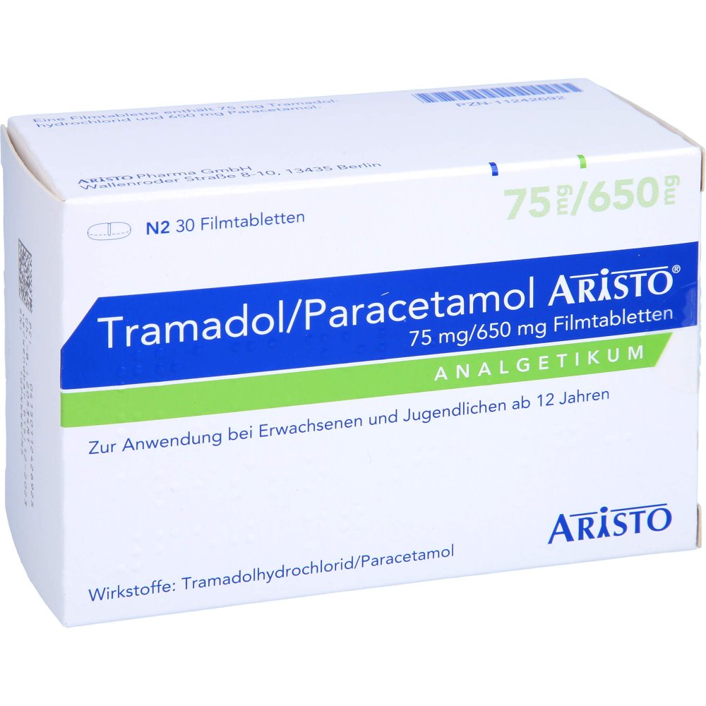 Das Produktfoto zeigt Tramadol/Paracetamol Aristo 75 Mg/650 Mg Filmtabl. (30 stk) PZN 11242692