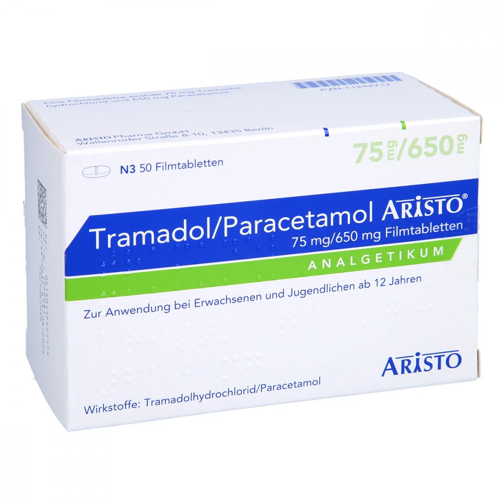 Das Produktfoto zeigt Tramadol/Paracetamol Aristo 75 Mg/650 Mg Filmtabl. (50 stk) PZN 11242717