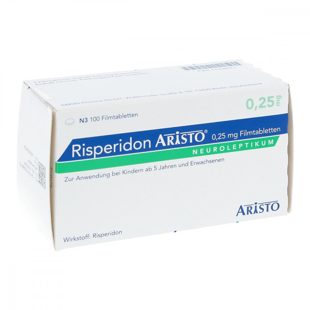 Das Produktfoto zeigt Risperidon Aristo 0,25 Mg Filmtabletten (100 stk) PZN 11258871