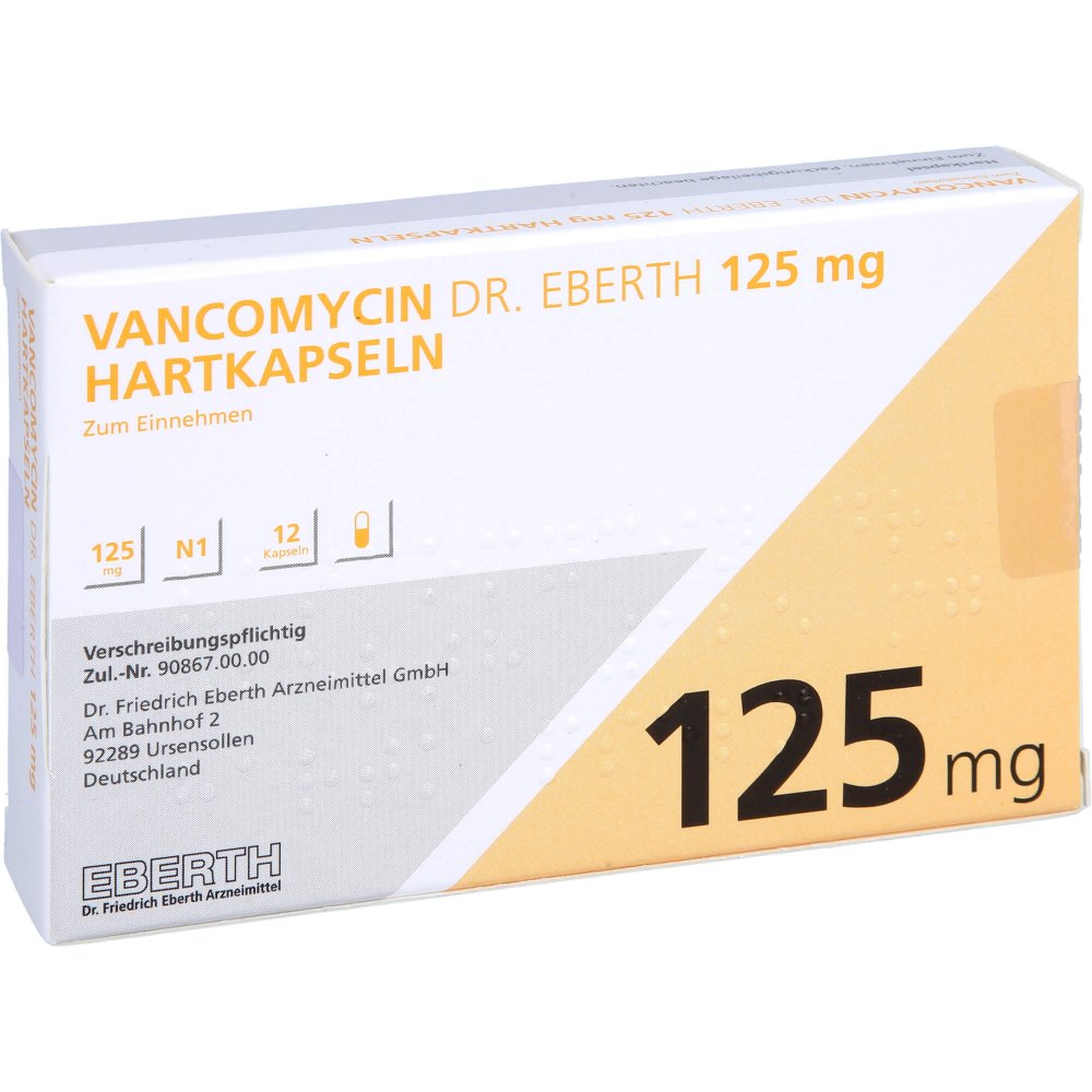 Das Produktfoto zeigt Vancomycin Dr.Eberth 125 Mg Hartkapseln (12 stk) PZN 11284041