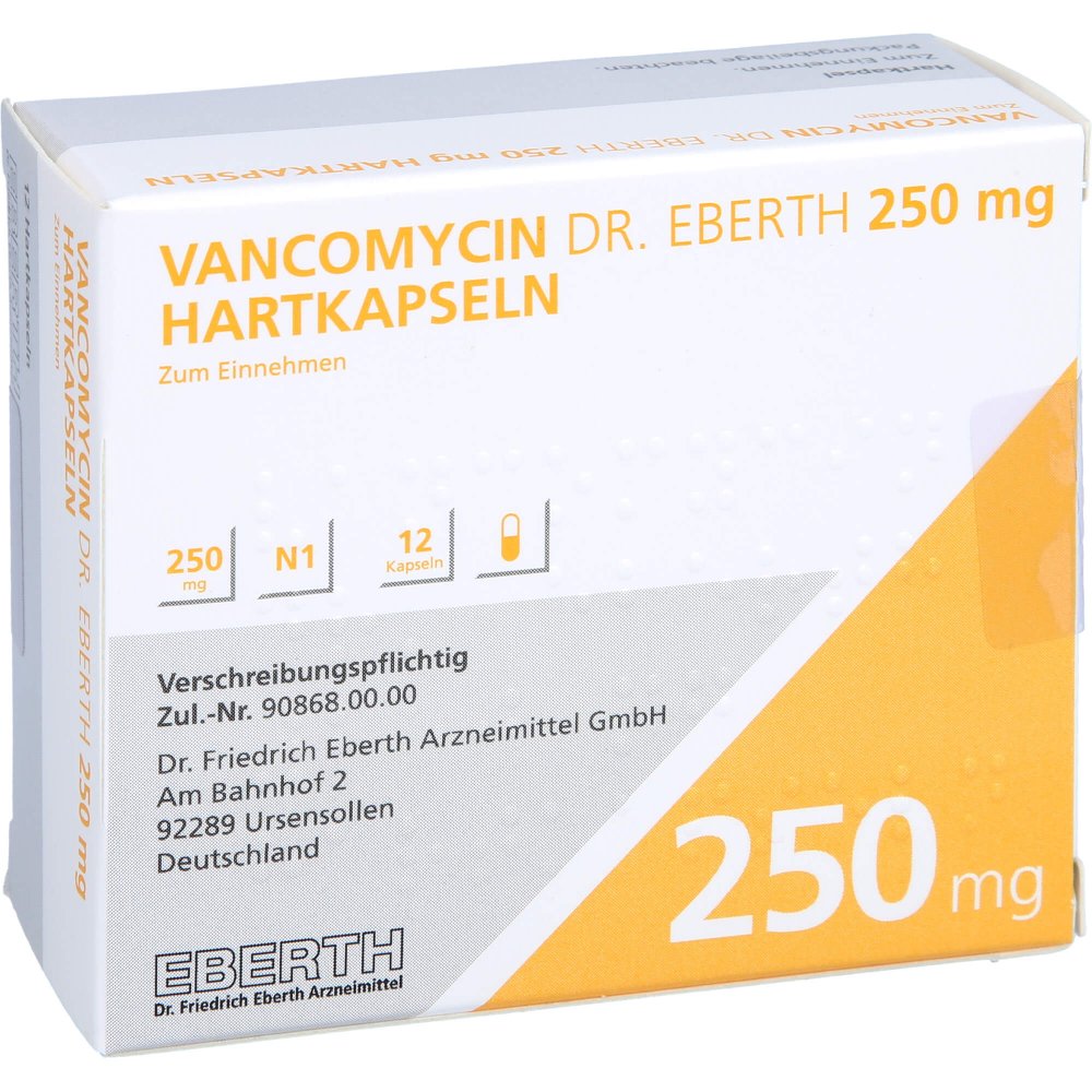 Das Produktfoto zeigt Vancomycin Dr.Eberth 250 Mg Hartkapseln (12 stk) PZN 11293778