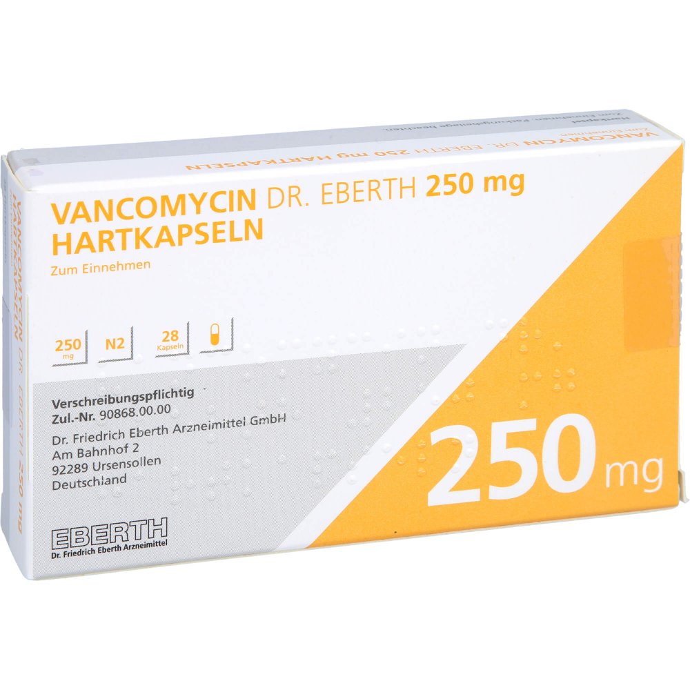 Das Produktfoto zeigt Vancomycin Dr.Eberth 250 Mg Hartkapseln (28 stk) PZN 11293784