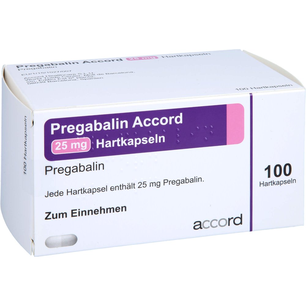 Das Produktfoto zeigt Pregabalin Accord 25 Mg Hartkapseln (100 stk) PZN 11305240