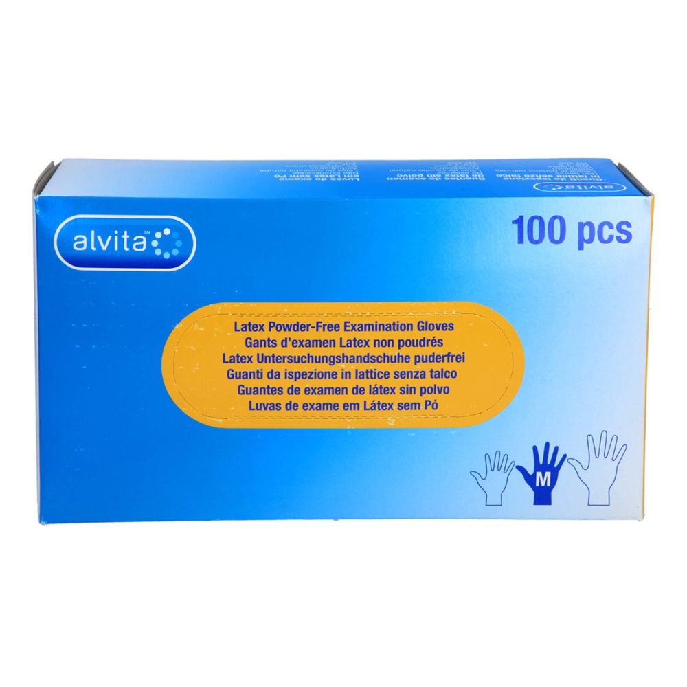 Das Produktfoto zeigt Alvita Latex Unt.Handschuhe Unsteril Puderfrei M (100 stk) PZN 11309261