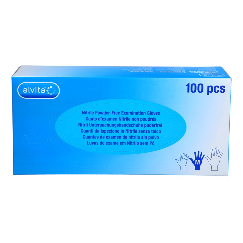 Das Produktfoto zeigt Alvita Nitril Unt.Handschuhe Unsteril Puderfrei M (100 stk) PZN 11309309