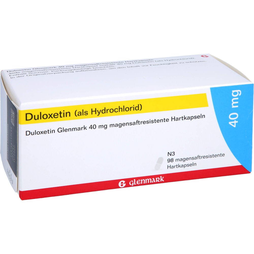 Das Produktfoto zeigt Duloxetin Glenmark 40 Mg Magensaftres.Hartkapseln (98 stk) PZN 11323350