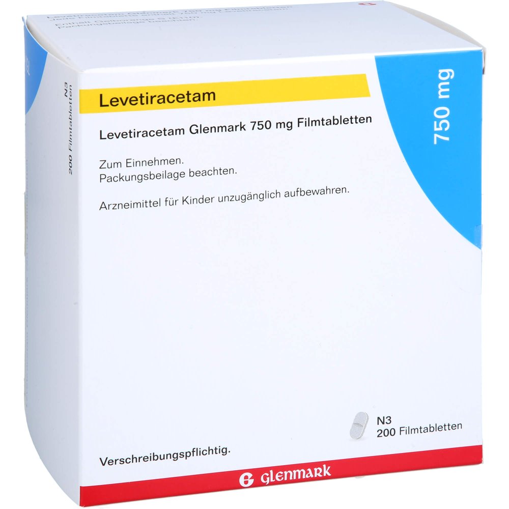 Das Produktfoto zeigt Levetiracetam Glenmark 750 Mg Filmtabletten (200 stk) PZN 11323746