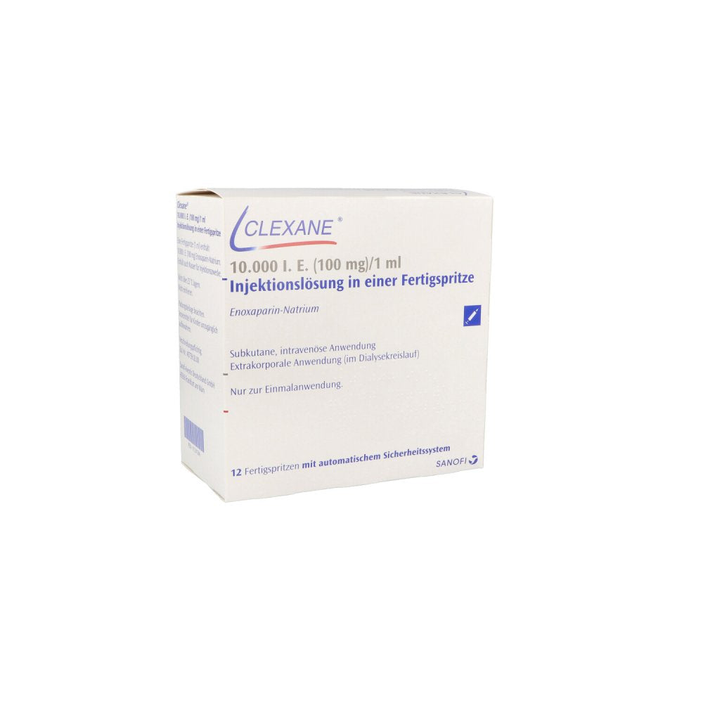 Das Produktfoto zeigt Clexane 10.000 I.E. 100mg/Ml Ilo F.Sp.+Sich-Sys. (12 stk) PZN 11331504