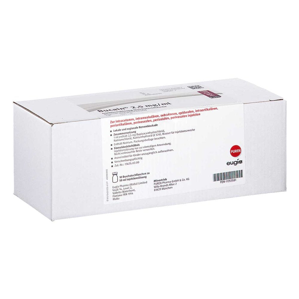 Das Produktfoto zeigt Bucain 0,25% 2,5mg/Ml Inj.L.125mg/50ml Dsfl. (10X50 ml) PZN 11353581