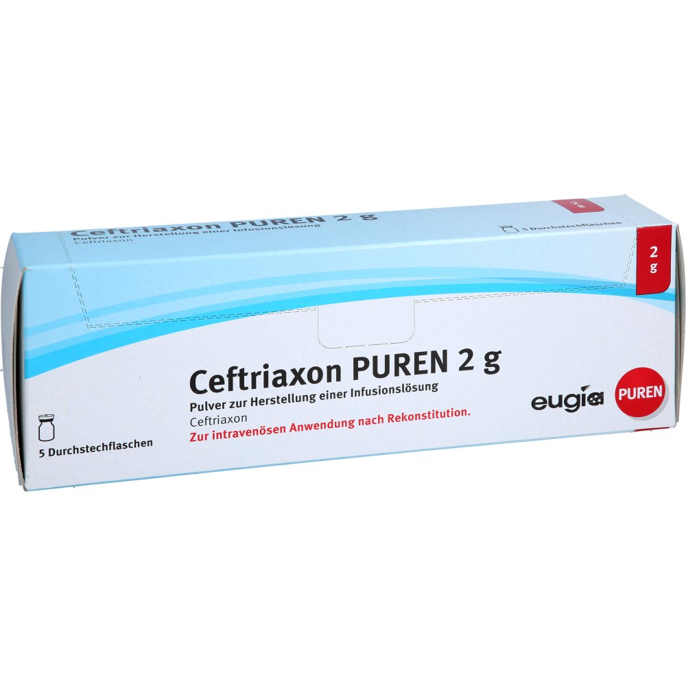 Das Produktfoto zeigt Ceftriaxon Puren 2 G Pulver Z.Herstell.E.Inf.-Lsg. (5 stk) PZN 11354066